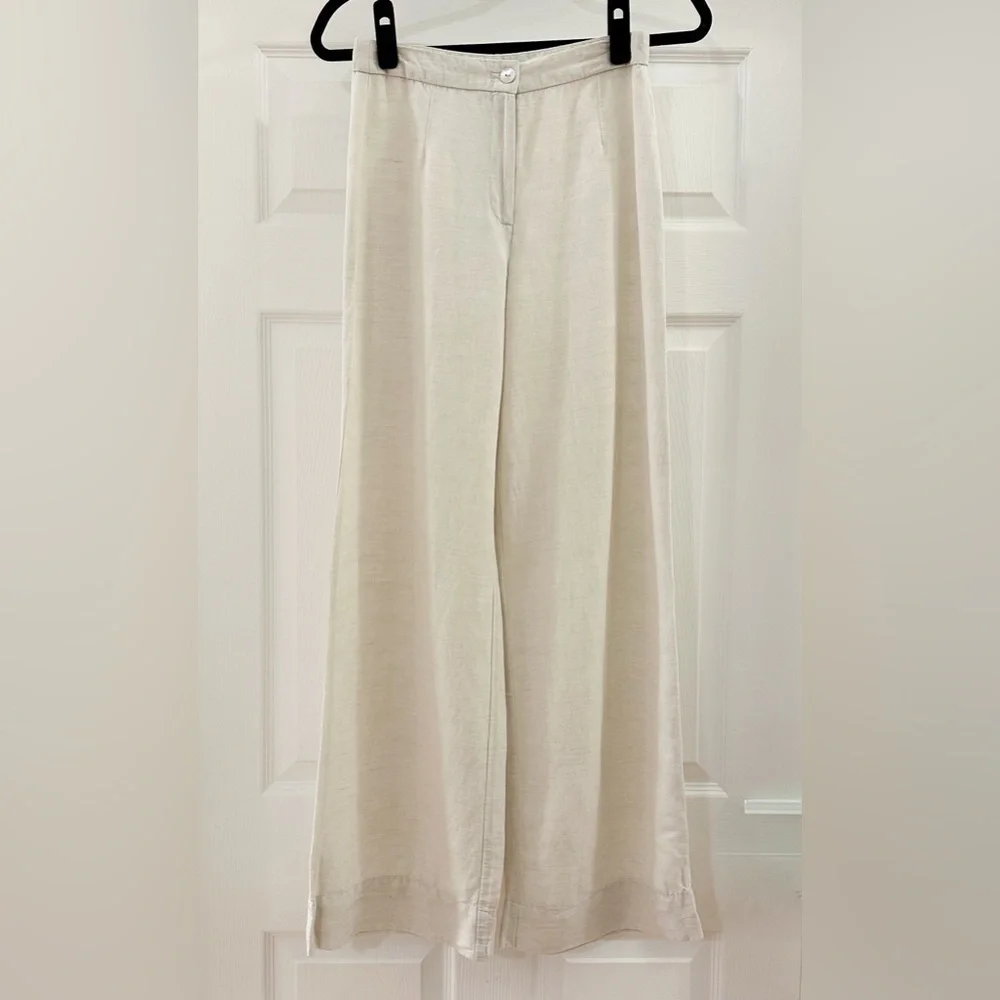 H&M Linen Blend Wide Leg Pants High Waisted Neutral Cream Tan sz 2